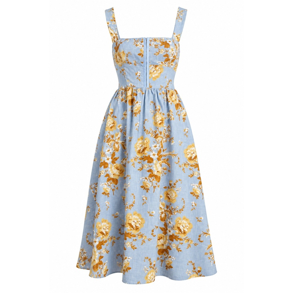 NWT Reformation Tagliatelle Heavenly Midi Linen Dress Blue Yellow Floral 2